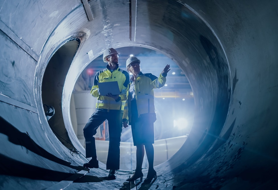 Engineers inspecting pipe